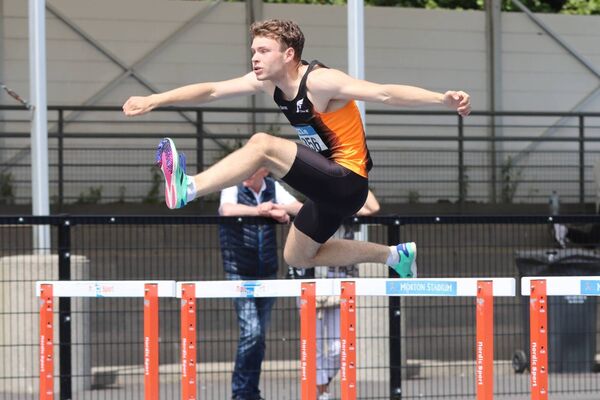 Dylan Heffernan (Clane AC) taking part in the 400m Hurdles at the AAI Games Photo: Perri Williams