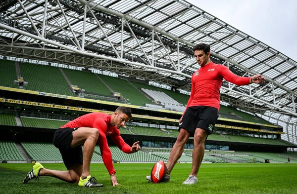 Budweiser ambassadors Joey Carbery and Eoin Cadogan at the Aviva Stadium in Dublin. Budweiser is the Official Beer Partner of the Aer Lingus College Football Classic this August 24th. To be in with a chance to win tickets to the game, fans can visit Budweiser.ie. Photo by David Fitzgerald/Sportsfile 