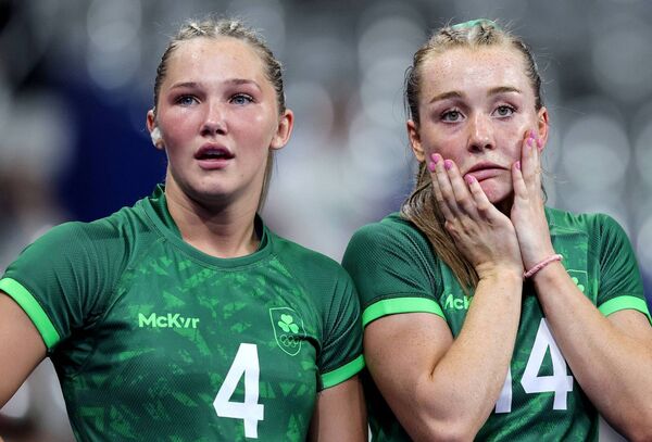 Amy Larn (right) distraught after Ireland's defeat to Australia at the quarter-finals stage of the Women’s Rugby Sevens at the Paris Olympic Games Photo: ©INPHO/Dan Sheridan Amy Larn (right) distraught after Ireland's defeat to Australia at the quarter-finals stage of the Women’s Rugby Sevens at the Paris Olympic Games Photo: ©INPHO/Dan Sheridan