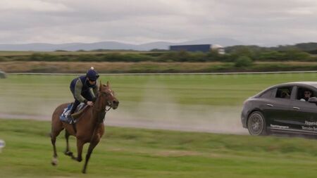 Manes vs motors: Max Hart drives alongside a galloping racehorse