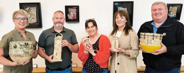 Artist Ciara O'Keefe, Brian Kenny, Angelina Foster, Annette Leogue and Michael Begley pictured with some of the wonderful exhibition pieces 