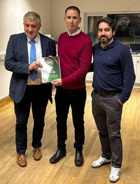Paul Cooke (FAI President), Colin Edmonds (Newbridge Town Chairman), Ger McDermott (Grassroots Director FAI)