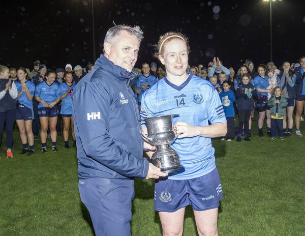 Anthony Mallon on behalf of Joe Mallon Motors presents the Kildare Senior Ladies Football Cup to Eadestown's captain Grainne Kenneally. Anthony Mallon on behalf of Joe Mallon Motors presents the Kildare Senior Ladies Football Cup to Eadestown's captain Grainne Kenneally.