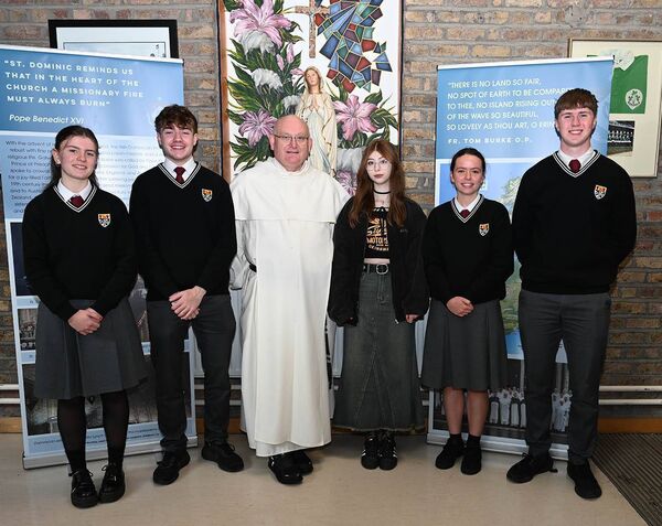 Yeva in front of the mural with Fr John Harris Dominican Provincial and students Ellan Parker, Conor Majury, Kathleen Byrne and Dan Coy 