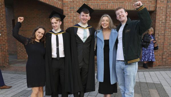 Matthew O'Keeffe of Maynooth, with Jack Kenny,Dublin with friends Aoibhin Mc Elroy, Laura Falconer and Cian O'Dwyer , who received a BA in Aviation Management in during the October Celebrations in DCU 