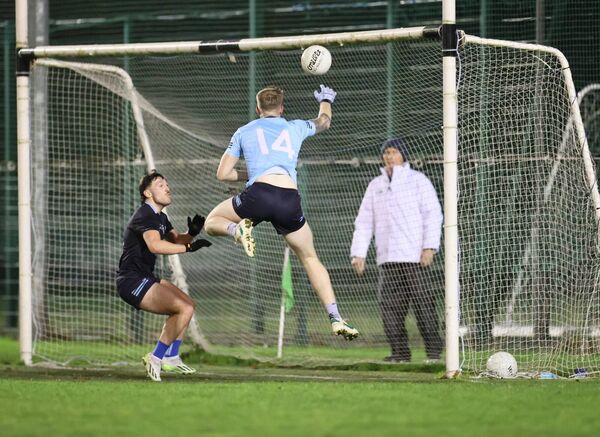 Oisín McGraynor taps the ball into the net for SETU Carlow for one of their seven goals Photo: Pat Ahern