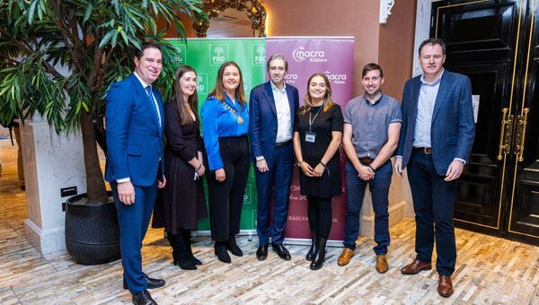 Minister Martin Heydon, Macra National Chair Josephine O Neill, Macra President Elaine Houlihan, An Taoiseach Simon Harris, Rally Chair Emma Birchall, Ag Affairs Chair Sean Kelly &amp; Minister for Agriculture Charlie McConalogue Photo: Fintan Clarke