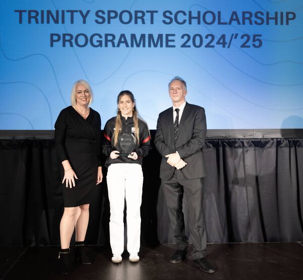 Michelle Tanner, Director of sport and physical activity, Trinity College Dublin, Grace Moloney and Dr. Richard Porter, Dean of Students, Trinity College Dublin. Michelle Tanner, Director of sport and physical activity, Trinity College Dublin, Grace Moloney and Dr. Richard Porter, Dean of Students, Trinity College Dublin.