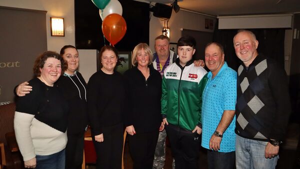 Tara Dillon, Patricia Byrne, Margaret Keogh, Marian Courtney, Podge Byrne, Jack Courtney, Derek Courtney and Darren Keogh, at a send-off event in Kilcullen's Spout Bar.