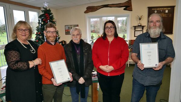 Recipients of Special Awards in Horticulture John Corrigan and Wayne Aspell with Supervisor Theresa Whelan, scheme chairman Christy Sweeney, and Anne Bolger of the Department of Social Protection