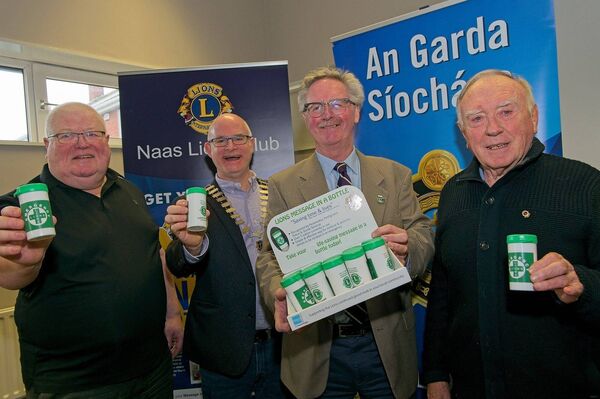Tom Keightley and Club President Luke Sparrow, Naas Lions, Damian Carberry, ‘Message In a Bottle’ District Officer for Lions International, and Dr John Kehoe, Naas Lions, pictured launching their ‘Message in a Bottle’ initiative at Naas Garda Station, on Tuesday 14 January Tom Keightley and Club President Luke Sparrow, Naas Lions, Damian Carberry, ‘Message In a Bottle’ District Officer for Lions International, and Dr John Kehoe, Naas Lions, pictured launching their ‘Message in a Bottle’ initiative at Naas Garda Station, on Tuesday 14 January
