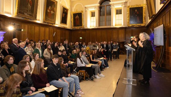 Provost Dr Linda Doyle addressing award winners in the Old Dining Hall