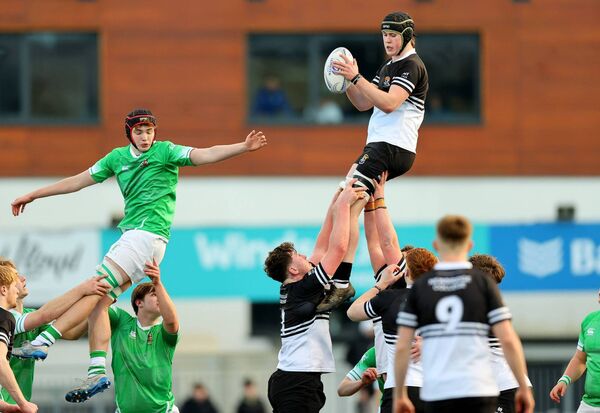 Daniel Cox of Newbridge College takes the ball from the lineout Photo:©INPHO/Andrew Conan