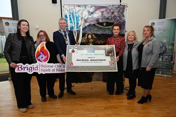 Mná Beoga Ballykelly Monasterevin Unveiling of St Brigids Tapestry at Solus Bhríde Terrie Devlin, KCC Cllr Suzanne Doyle, Kevin Duffy, Mayor County Kildare Geraldine Smyth, Artist Clare McAllister Chairperson and Phil Madigan Secretary Photos Jimmy Fullam 