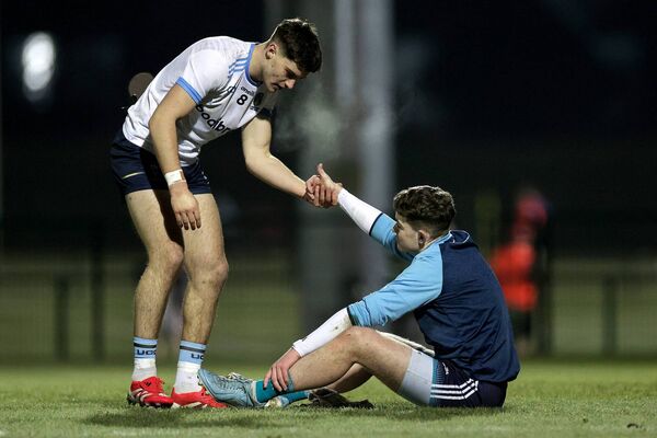 Sarsfields man Bolton commiserates with Naas' Jack Rodgers after UCD beat TU Dublin in the Sigerson Cup semi-final Photo: ©INPHO/Laszlo Geczo Sarsfields man Bolton commiserates with Naas' Jack Rodgers after UCD beat TU Dublin in the Sigerson Cup semi-final Photo: ©INPHO/Laszlo Geczo