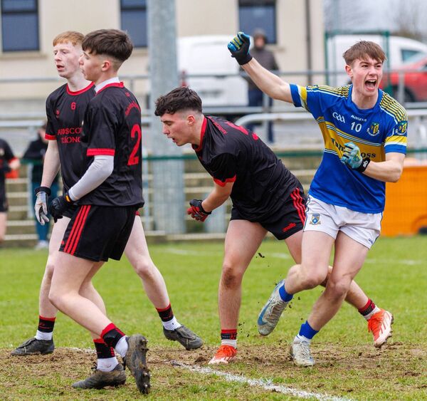 Oisin McAfee of Naas CBS celebrates after scoring a fine goal during the South Leinster Post Primary Junior Football 'A' Final. Photo: michaelorourkephotography.ie Oisin McAfee of Naas CBS celebrates after scoring a fine goal during the South Leinster Post Primary Junior Football 'A' Final. Photo: michaelorourkephotography.ie