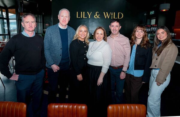 Owners of Lily &amp; Wild Davina and Kevin Walsh with Brian O'Riordan (Finance Manager Naas Racecourse), Aidan McGarry (General Manager Naas Racecourse), Niamh Byrne (Commercial and Marketing Manager Naas Racecourse), Milly Harwood (Sponsorship Manager Naas Racecourse) and Sophie Holbrook (Marketing Intern Naas Racecourse)