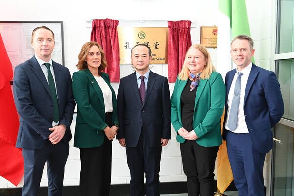 KTCS Deputy Principal Colm Hanratty, Deputy Principal Amanda Rice, Deputy Principal Fiona Behan, Principal John P Hayes with the Chinese Ambassador H.E. ZHAO Xiyuanfor the unveiling of the Confucius Classroom plaque. KTCS Deputy Principal Colm Hanratty, Deputy Principal Amanda Rice, Deputy Principal Fiona Behan, Principal John P Hayes with the Chinese Ambassador H.E. ZHAO Xiyuanfor the unveiling of the Confucius Classroom plaque.