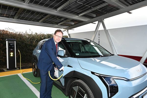 Minister James Lawless launching the innovative new EV charger Minister James Lawless launching the innovative new EV charger