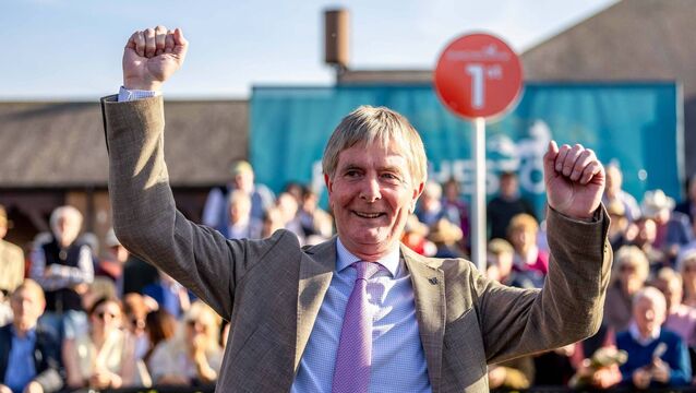 <p> Trainer Barry Connell celebrates winning The William Hill Champion Steeplechase (Grade 1) with Marine Nationale Photo: ©INPHO/Morgan Treacy</p>