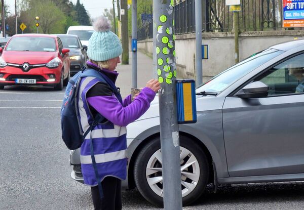 Bridget Ryan clearing stickers from a traffic lights standard Bridget Ryan clearing stickers from a traffic lights standard