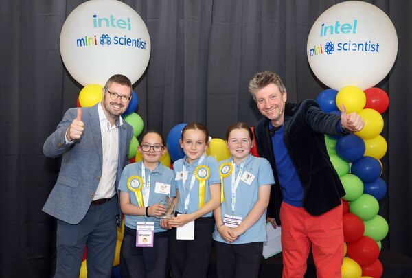 Victoria, Kate and Lara from Scoil an Linbh Íosa pictured with Joe Bolger, Vice President Intel and Factory Manager Intel alongside Phil Smyth, Victoria, Kate and Lara from Scoil an Linbh Íosa pictured with Joe Bolger, Vice President Intel and Factory Manager Intel alongside Phil Smyth,