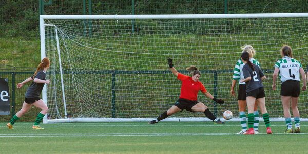 Player of the match Mill Celtic’s Geraldine Norton saves superbly from Chloe Lawler’s penalty kick Photo: michaelorourkephotography.ie