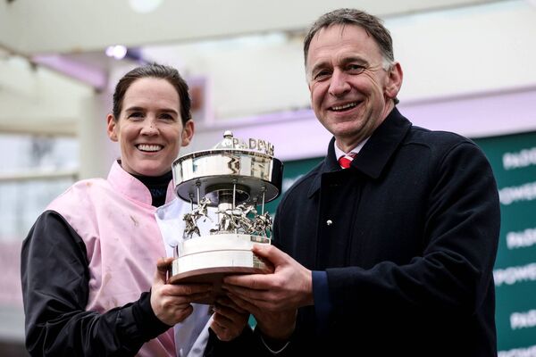 Jockey Rachael Blackmore and trainer Henry de Bromhead pictured after Bob Olinger won the Stayers hurdle, which turned out to be her final Cheltenham Festival winner. Photo: INPHO/Tom Maher