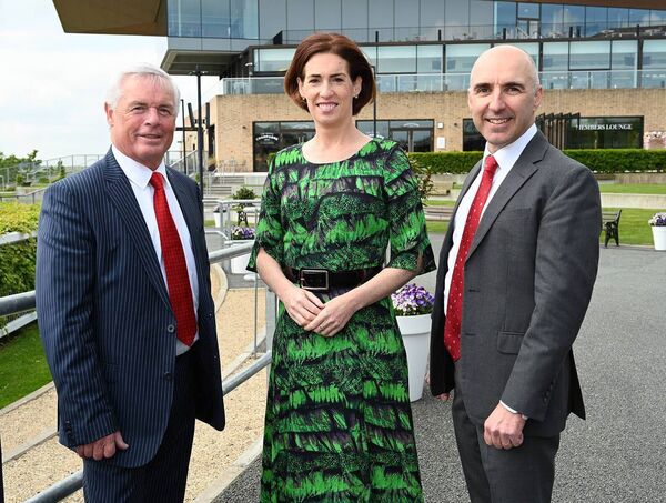 Gay Nolan, Minister Hildegarde Naughton and Paul keane head of Sales Curragh Race Course Gay Nolan, Minister Hildegarde Naughton and Paul keane head of Sales Curragh Race Course