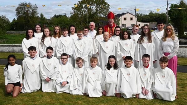The Confirmation class at the Sacred Heart Nurney Confirmation Class with Fr Adrian Carbery and Bishop Denis Nulty Photos: Jimmy Fullam 