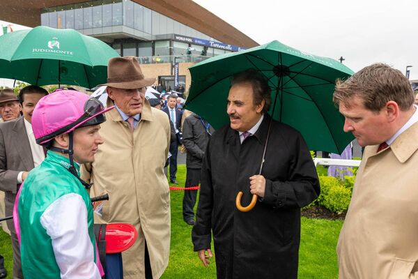 Jockey Colin Keane, Trainer John Gosden, His Highness Prince Said and Barry Mahon after winning The Tattersalls Irish 2,000 Guineas (Group 1) with Field of Gold Photo: ©INPHO/Morgan Treacy