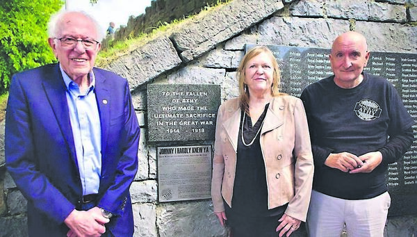 Bernie Sanders, Jane O'Meara Sanders with Colm Walsh at the Made in Athy plaque unveiling in the old St Michael's Cemetery Photo: Dave Daly Bernie Sanders, Jane O'Meara Sanders with Colm Walsh at the Made in Athy plaque unveiling in the old St Michael's Cemetery Photo: Dave Daly