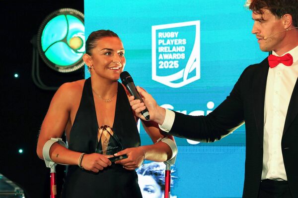 Energia Women’s XVs Young Player of the Year Erin King is interviewed by Andrew Trimble after receiving her award Photo: ©INPHO/Bryan Keane