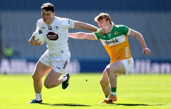 Offaly's Cormac Egan tackles Alex Beirne in the Allianz Football League Division 3 Final at Croke Park last March Photo: ©INPHO/James Crombie