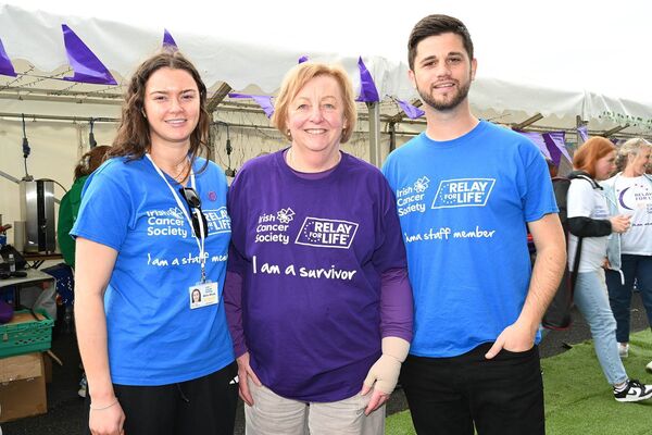 Relay for Life Kildare at the Curragh Race Course Dan McGarry, ICS Marcella Howard Survivor and Millie Whyte ICS Photos Jimmy Fullam 