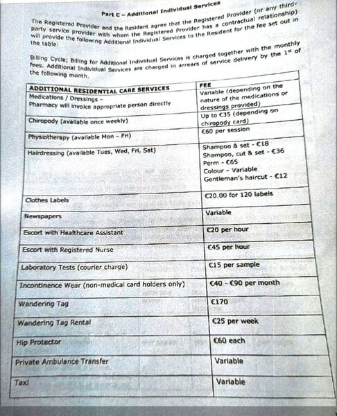 A copy of additional cots that residents are charged in The Residence Nursing Home in Portlaoise A copy of additional cots that residents are charged in The Residence Nursing Home in Portlaoise