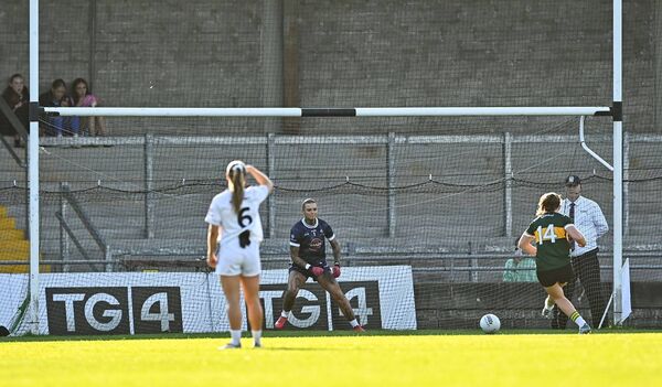 Kerry's Síofra O'Shea beats Mary Hurgraine from a controversial penalty in the TG4 All-Ireland Ladies Football Senior Championship quarter-final Photo: Tyler Miller/Sportsfile