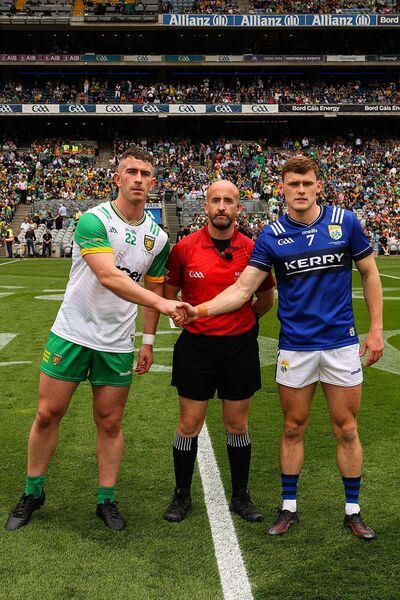 Referee Brendan Cawley with Donegal's Patrick McBrearty and Kerry's Gavin White before last Sunday's All-Ireland Senior Football Championship Final at Croke Park Photo: ©INPHO/Ryan Byrne