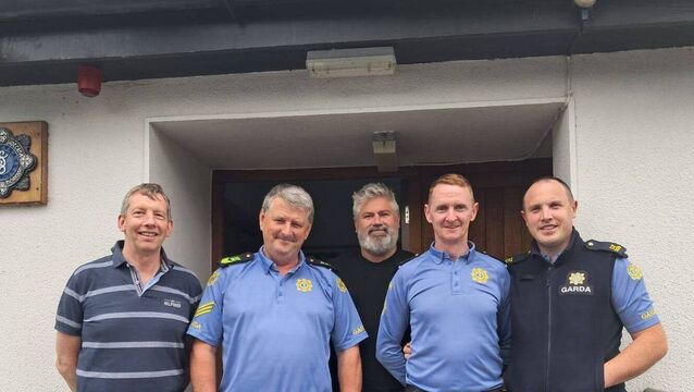 <p>Sgt PJ O'Brien (second left) with Inspector Joe Culliton and fellow gardaí Rob Foran, Aaron O'Connor and Brian Kelly on his last day at Ballylinan Garda Station</p>
