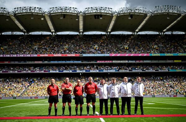 All-Ireland Final referee Brendan Cawley, left, before the game with officials Martin McNally, David Coldrick and Thomas Murphy, and his umpires - David Coady, Lee Moore, Johnny Farrell and Eoghan Fitzpatrick Photo: Stephen McCarthy/Sportsfile