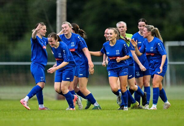 Newbridge Town players celebrate one of their goals during the first round Sports Direct Women's FAI Cup win over Whitehall Photo: Stephen Marken/Sportsfile 