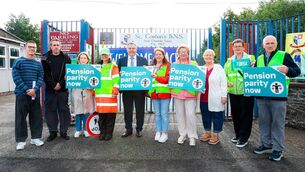 <p>Staff of St Corbans BNS and Mercy Convent Primary School pictured outside St Corbans BNS, Naas during the Fórsa Secetary and Caretakers strike pictured St Corban's Boys National School Photo: Aishling Conway Photo - Aishling Conway 1st September 2025</p>