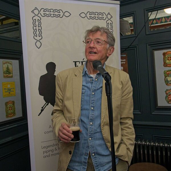 Kevin Conneff of the Chieftains fame performs a song at the launch of the programme for the 2025 Féile Liam O’Flynn in Fletchers Lounge, Naas