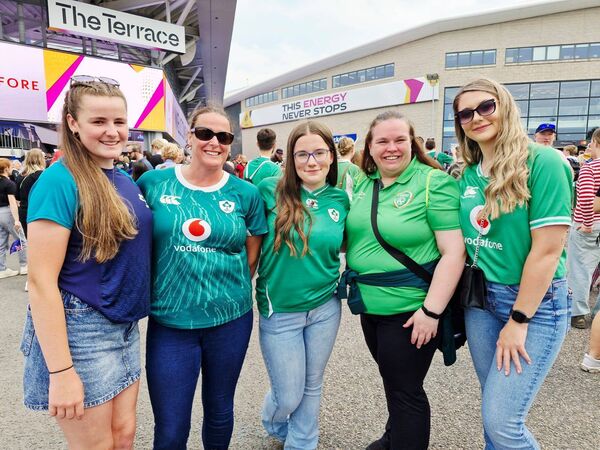 Ciara Byrne, Aisling Byrne, Kate Cawley, Fiona Stanley and Danielle Cawley from MU Barnhall were in Brighton to support Ireland against New Zealand today Photo: Aisling Hyland