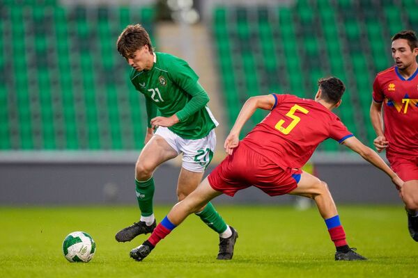 Cathal McCarthy on the ball against Andorra in the Under 21 UEFA European Championship Qualifier at Tallaght Stadium Photo: ©INPHO/James Lawlor