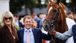 <p>Trainer Johnny Murtagh with Rahmi after the race, the first of his winners over the Irish Champions Festival weekend Photo: ©INPHO/Tom Maher</p>