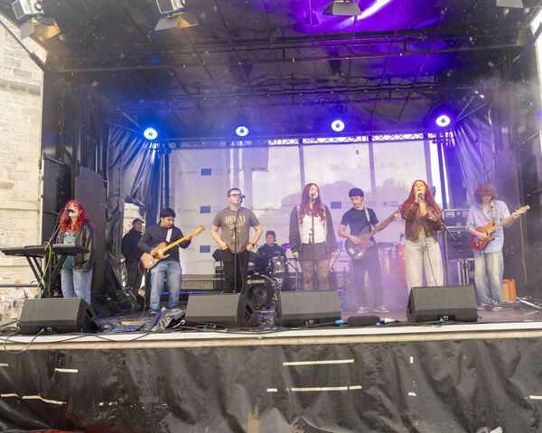 MOA on stage at the reopening celebration in Athy's Emily Square