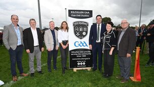 <p>Martin Murphy, Trevor Schwer, Eamon Wynne, Teresa O'Loughlin, Minister Martin Heydon, Tracey O Dwyer and Mick Mullen (Chairman Kildare County Board) at the launch of Kilcullen GAA's Field of Dreams	Photos:Jimmy Fullam</p>