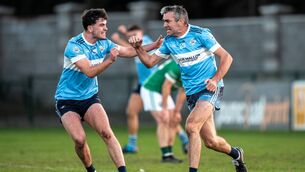<p>Johnny Doyle celebrates with Joey Cunningham after scoring a crucial goal for Allenwood in the Joe Mallon Motors Senior Football Championship Relegation Final against Confey Photo: James Lawlor </p>