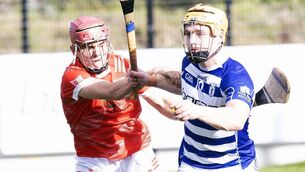 <p>Simon Leacy is put under pressure by Coill Dubh's Sean Dunne Photo: Sean Brilly</p>